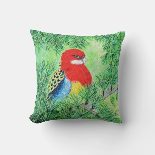 Red Rosella Bird Painting Throw Pillow (Front)