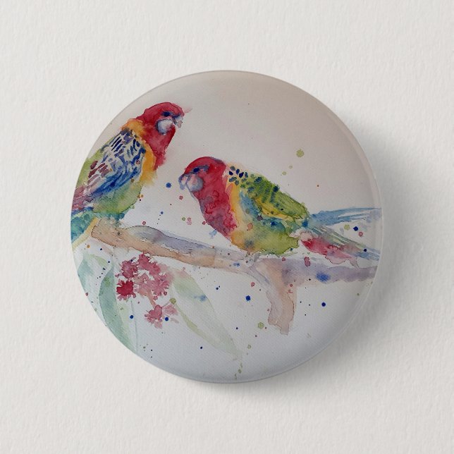 Red Rosella Parrot Watercolour Painting Button (Front)