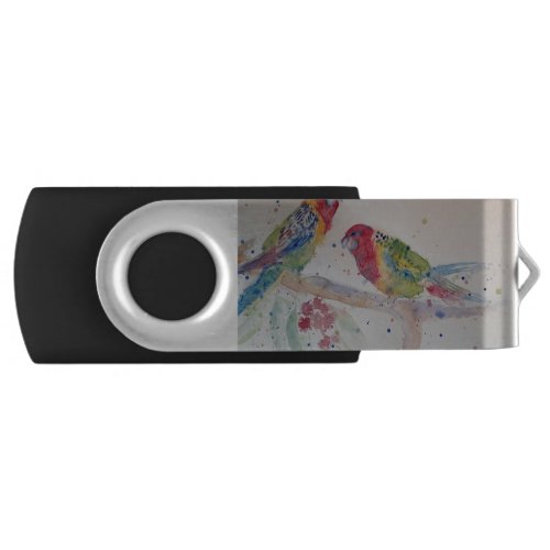 Red Rosella Parrot Watercolour Painting Flash Drive