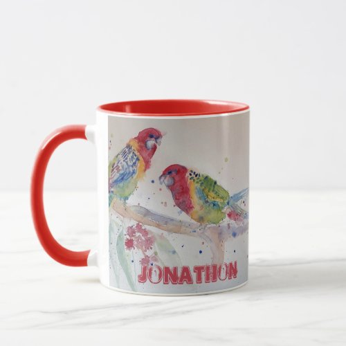 Red Rosella Parrot Watercolour Painting Name Mug