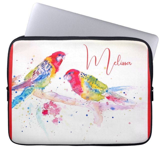 Red Rosella Parrot Watercolour Painting Notebook Laptop Sleeve (Front)