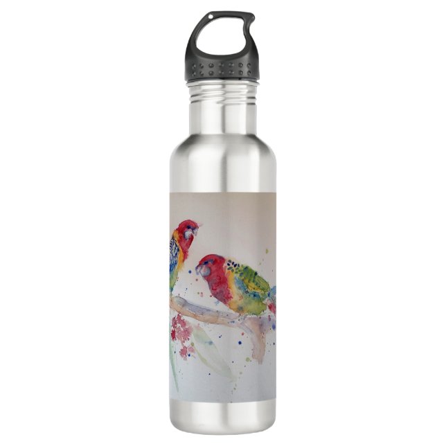 Red Rosella Parrot Watercolour Painting Stainless Steel Water Bottle (Front)