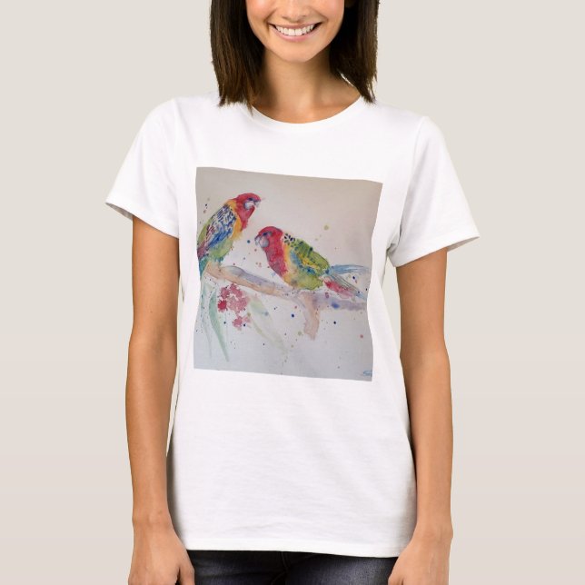 Red Rosella Parrot Watercolour Painting T-Shirt (Front)