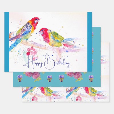 Red Rosella Parrot Watercolour Painting Teal Wrapping Paper Sheets