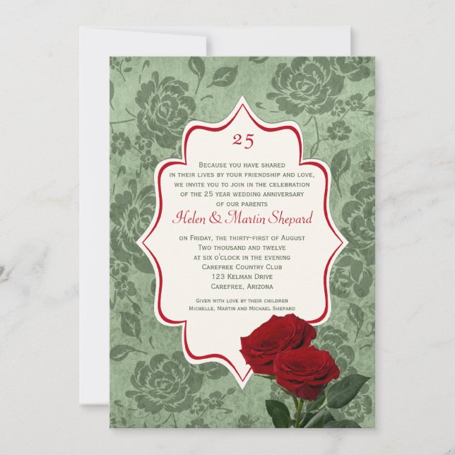Red Roses 25th Wedding Anniversary Invitation (Front)