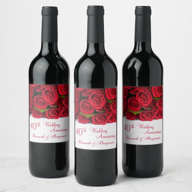 Red roses. 40th Wedding Anniversary Wine Label (Bottles)