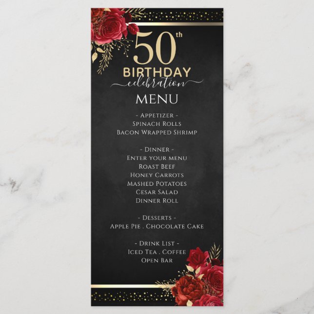 Red Roses 50th Birthday Celebration Menu (Front)