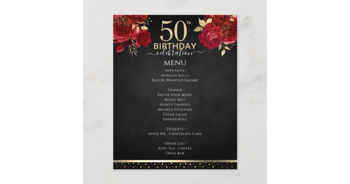 Red Roses 50th Birthday Celebration Menu | Zazzle