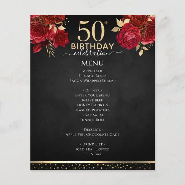 Red Roses 50th Birthday Celebration Menu | Zazzle