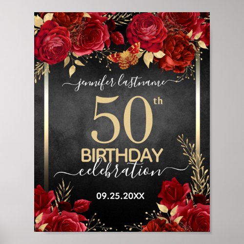 Red roses 50th birthday Poster