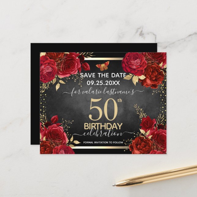  Red Roses 50th Birthday Save the Date Budget (Front/Back In Situ)