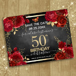 Red Roses 50th Birthday Save the Date Postcard<br><div class="desc">Red roses,  faux gold foil leaves,  tiny red and gold butterfly. Elegant floral design for any year birthday celebration.Easy to personalize with template. Gorgeous save the date birthday template design.</div>