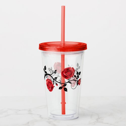 Red Roses Acrylic Tumbler Glass with LidStraw