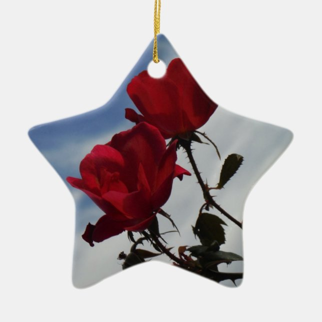 Red Roses Against a Bright Blue Sky Ceramic Ornament (Front)