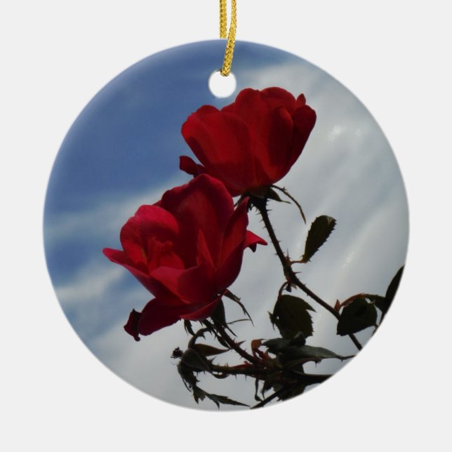 Red Roses Against a Bright Blue Sky Ceramic Ornament (Front)