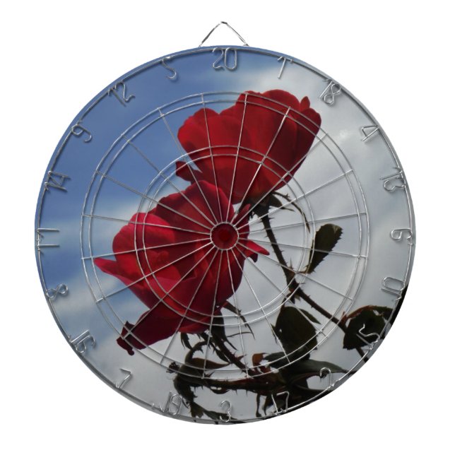 Red Roses Against a Bright Blue Sky Dartboard With Darts (Front)