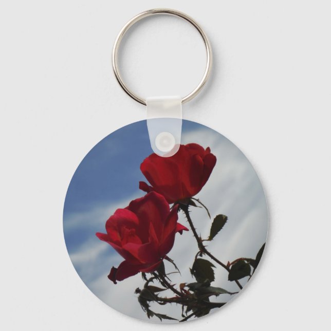 Red Roses Against a Bright Blue Sky Keychain (Front)