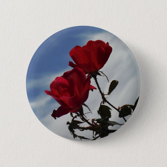 Red Roses Against a Bright Blue Sky Pinback Button (Front)