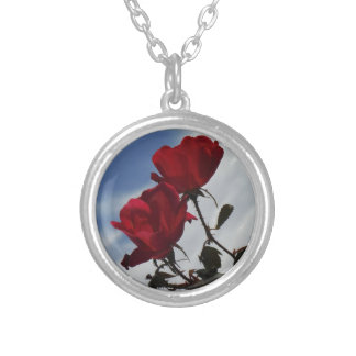 Red Roses Against a Bright Blue Sky Silver Plated Necklace