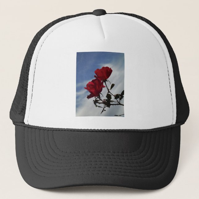 Red Roses Against a Bright Blue Sky Trucker Hat (Front)