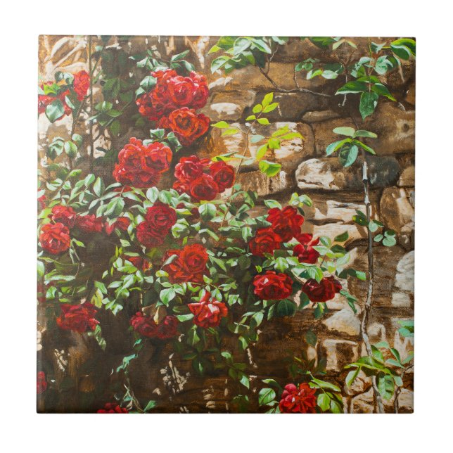 Red Roses Against a Stone Wall Ceramic Tile (Front)