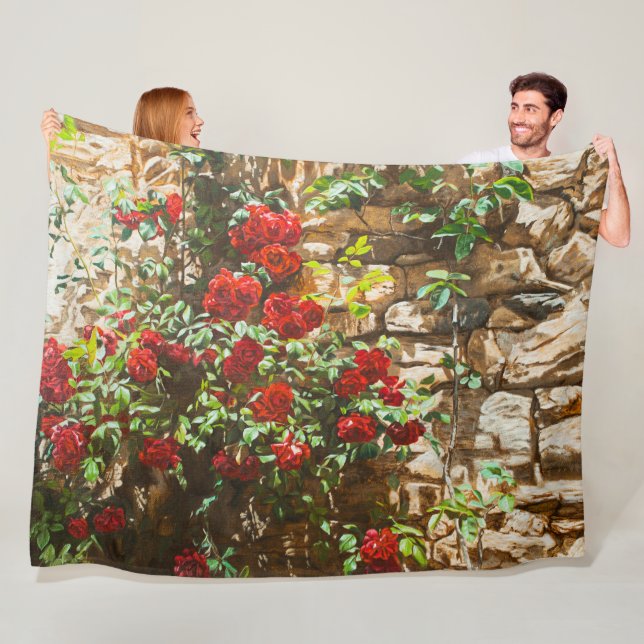 Red Roses Against a Stone Wall Fleece Blanket (In Situ)