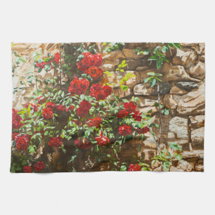 Red Roses Against a Stone Wall Kitchen Towel