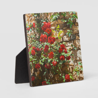 Red Roses Against a Stone Wall Plaque