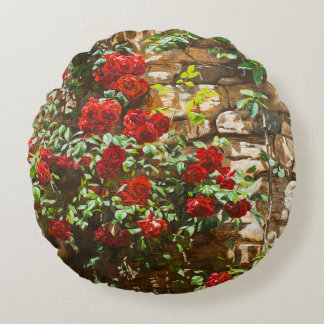 Red Roses Against a Stone Wall Round Pillow