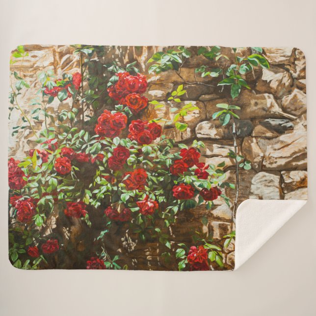 Red Roses Against a Stone Wall Sherpa Blanket (Front (Horizontal))