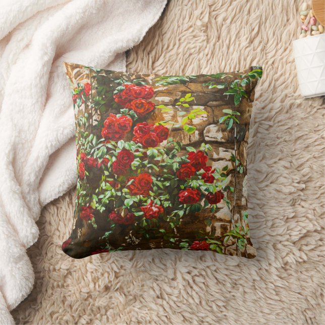 Red Roses Against a Stone Wall Throw Pillow (Blanket)