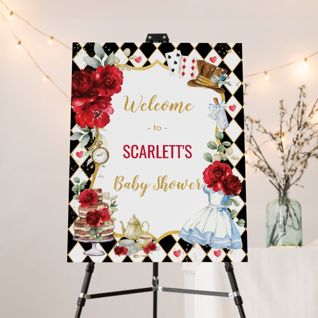 Red Roses Alice in Wonderland Baby Shower Welcome Foam Board (In Situ (Stand))