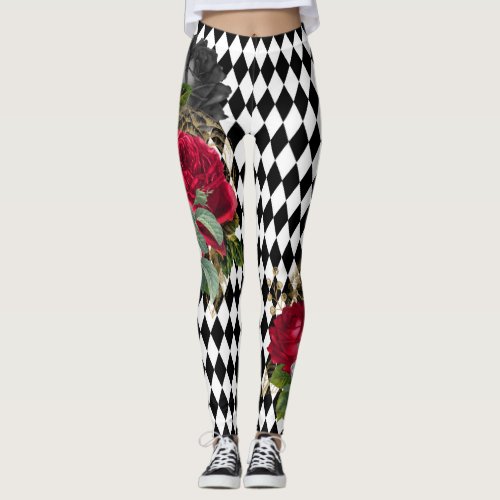 Red Roses and Black Checks Leggings