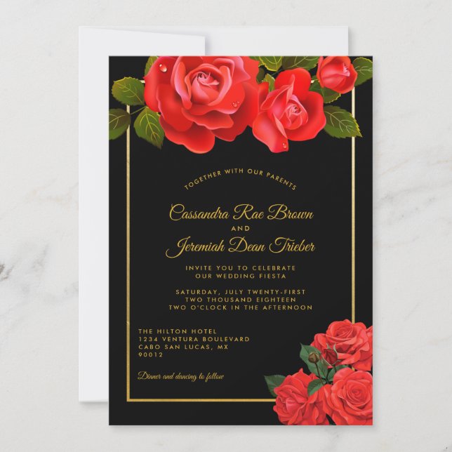 Red Roses and Black Formal Wedding Invitation (Front)