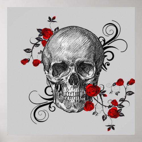 Red Roses and Black Skull Poster