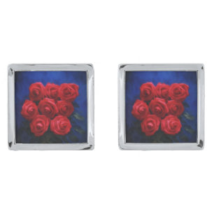 Red Roses and Blue Background Silver Cufflinks