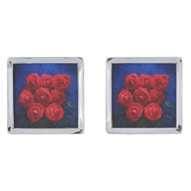 Red Roses and Blue Background Silver Cufflinks (Front)
