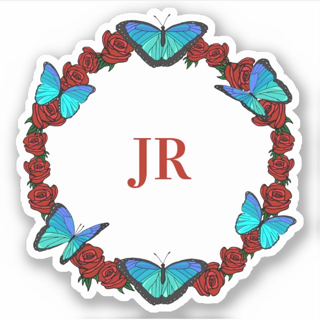Red Roses and Blue Butterflies Monogram Wreath Sticker (Front)