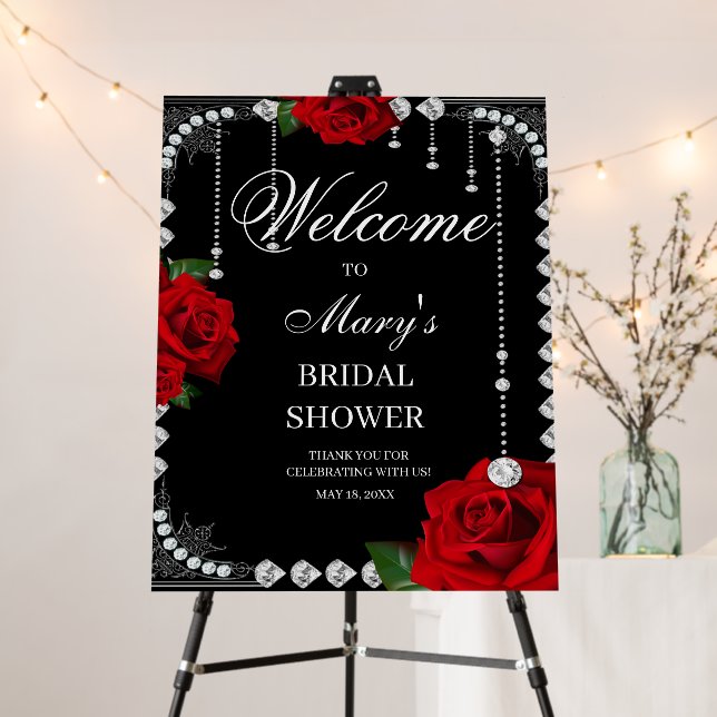 Red Roses And Diamonds Bridal Shower welcome Sign (In Situ (Stand))