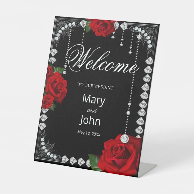 Red Roses And Diamonds Wedding Pedestal Sign (Front)