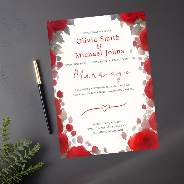 Red roses and eucalyptus Elegant Watercolor Invitation (Creator Uploaded)
