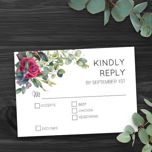 Red Roses and Eucalyptus Floral Wedding RSVP