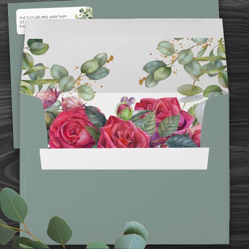 Red Roses and Eucalyptus Greenery Wedding Envelope