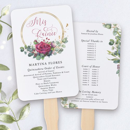 Red Roses and Eucalyptus Order of Events Hand Fan