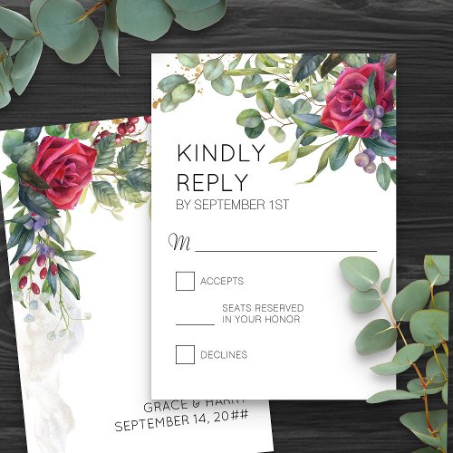 Red Roses and Eucalyptus Vertical Wedding  RSVP Card