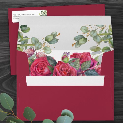 Red Roses and Eucalyptus Wedding Envelope