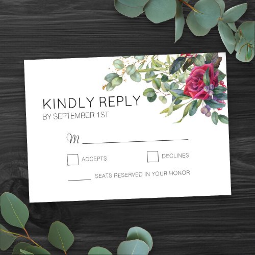 Red Roses and Eucalyptus Wedding Simple RSVP Card