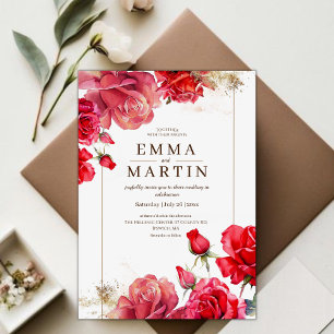 Red Roses and Gold Dust Elegant Modern Wedding  Invitation
