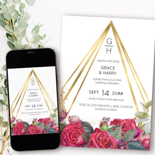 Red Roses and Gold Geometric Prism Frame Wedding Invitation