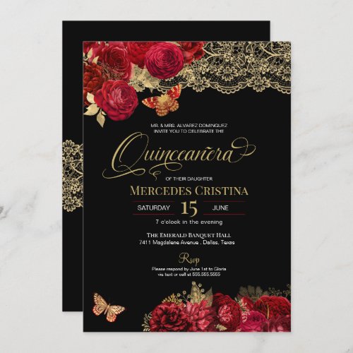 Red Roses and Gold Lace Glam Butterfly Quinceaera Invitation